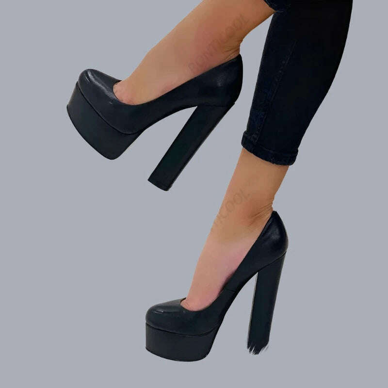 Ronticool Customize Color Women Platform Pumps Chunky Heels Round Toe Elegant Black Party Dress Shoes US Plus Size 5-20 - KIMLUD