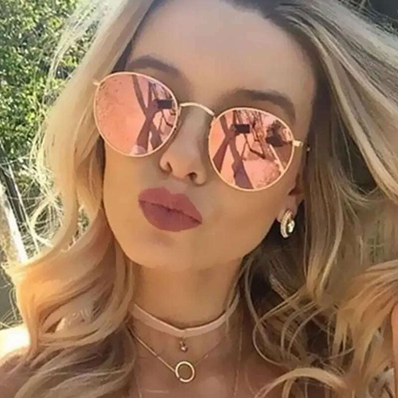 Rose Gold Round Sunglasses Women Fashion Brand Designer Metal Frame Vintage Mirror Sun Retro Glasses Female UV400 - KIMLUD