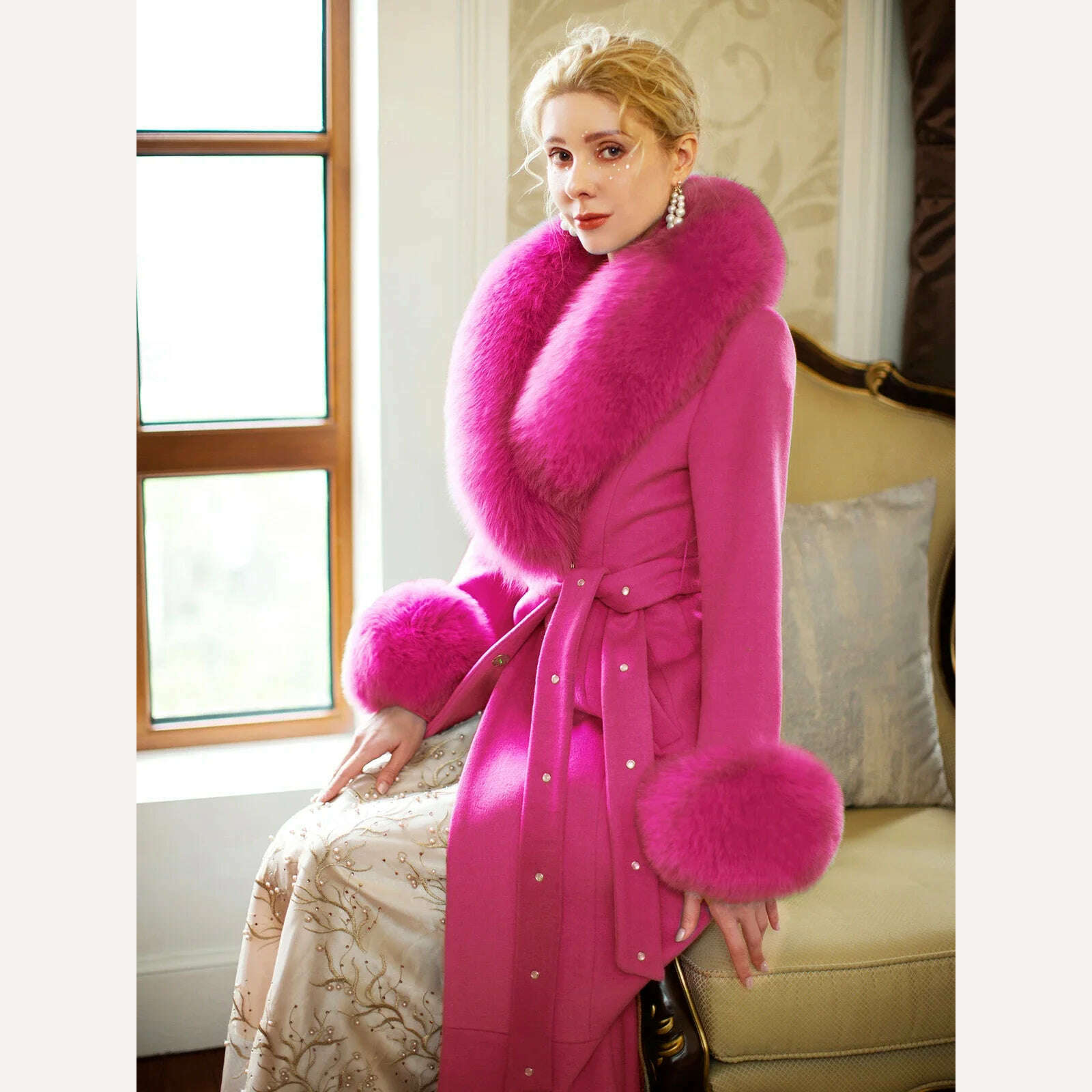 KIMLUD, Rose Red Slim Fit Wool Coat Women 2023 Autumn Winter Real Fox Fur Collar Fur Slimming Patchwork Fishtail Woolen Large Overcoat, KIMLUD Womens Clothes