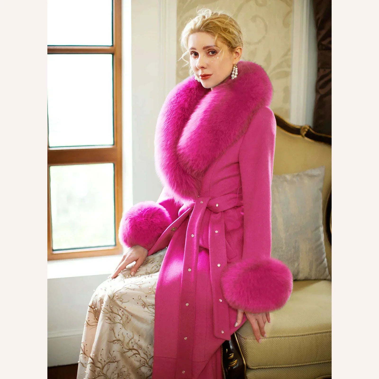 KIMLUD, Rose Red Slim Fit Wool Coat Women 2023 Autumn Winter Real Fox Fur Collar Fur Slimming Patchwork Fishtail Woolen Large Overcoat, KIMLUD Womens Clothes