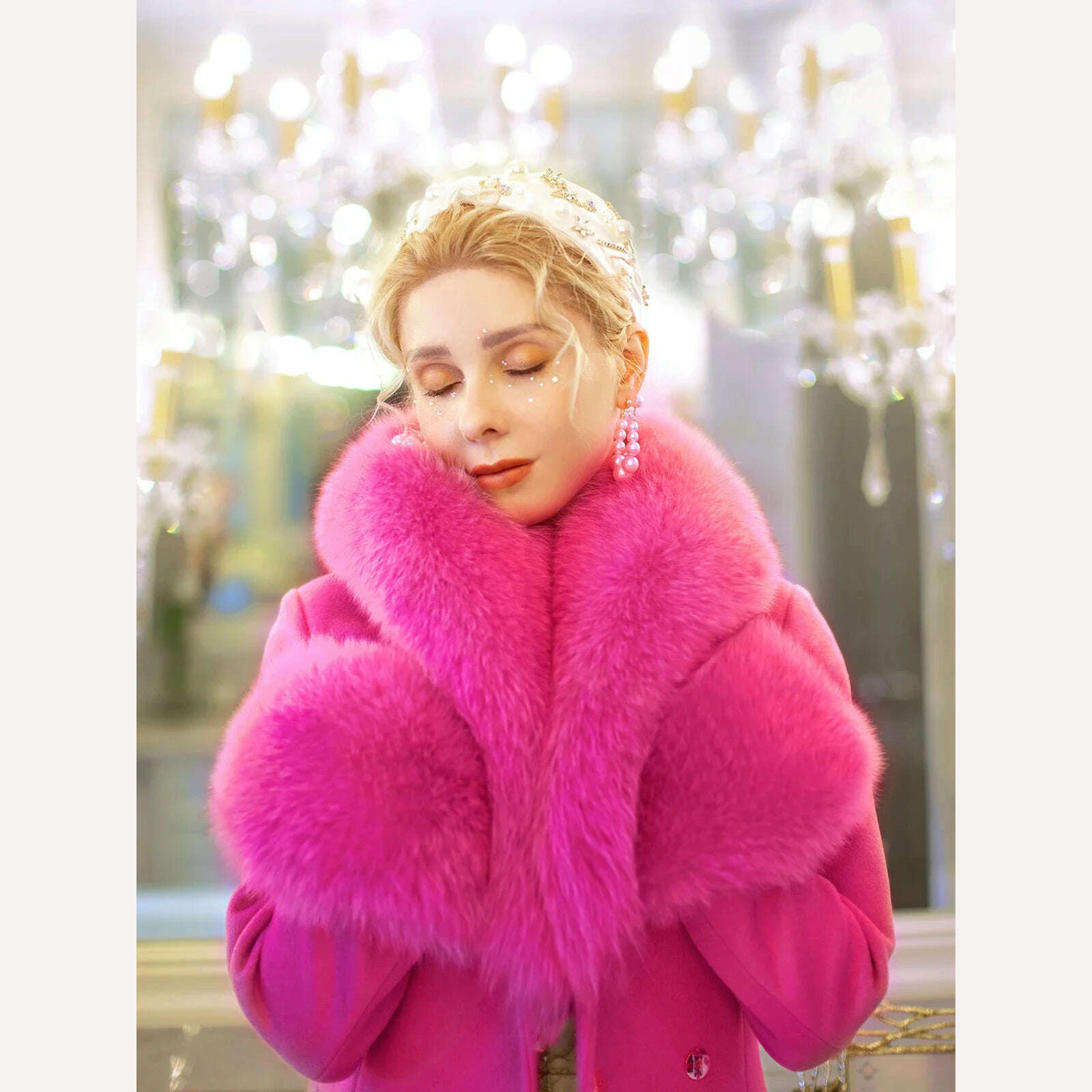 KIMLUD, Rose Red Slim Fit Wool Coat Women 2023 Autumn Winter Real Fox Fur Collar Fur Slimming Patchwork Fishtail Woolen Large Overcoat, KIMLUD Womens Clothes