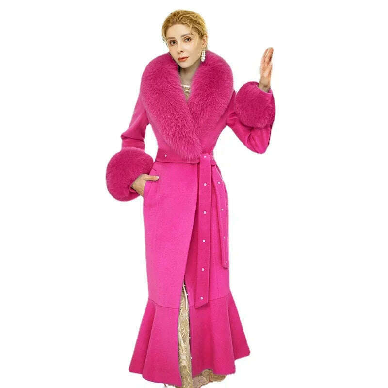 KIMLUD, Rose Red Slim Fit Wool Coat Women 2023 Autumn Winter Real Fox Fur Collar Fur Slimming Patchwork Fishtail Woolen Large Overcoat, KIMLUD Womens Clothes