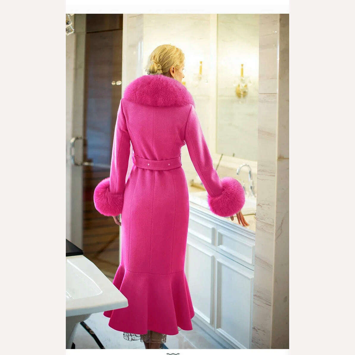 KIMLUD, Rose Red Slim Fit Wool Coat Women 2023 Autumn Winter Real Fox Fur Collar Fur Slimming Patchwork Fishtail Woolen Large Overcoat, KIMLUD Womens Clothes