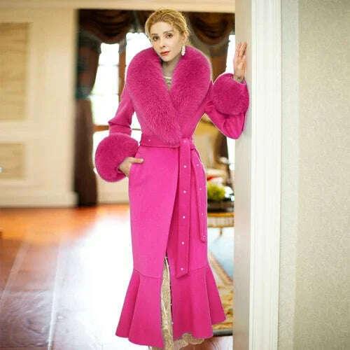 KIMLUD, Rose Red Slim Fit Wool Coat Women 2023 Autumn Winter Real Fox Fur Collar Fur Slimming Patchwork Fishtail Woolen Large Overcoat, KIMLUD Womens Clothes