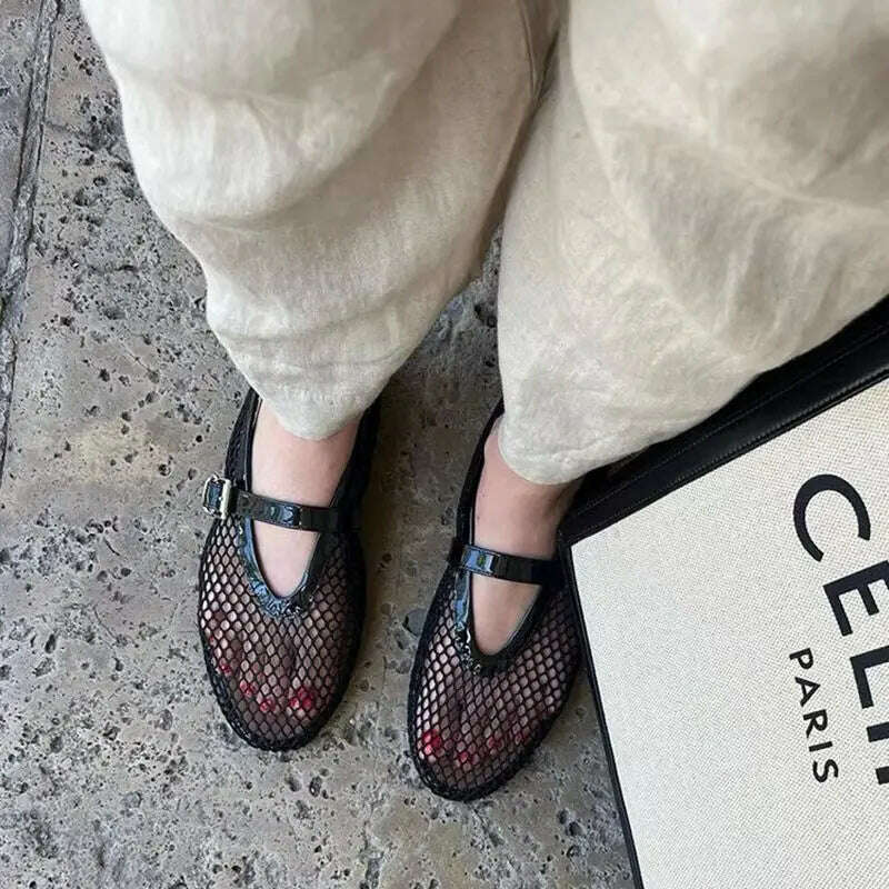 KIMLUD, Round head small fish mesh female new fashion simple flat belt buckle single shoes, KIMLUD Womens Clothes