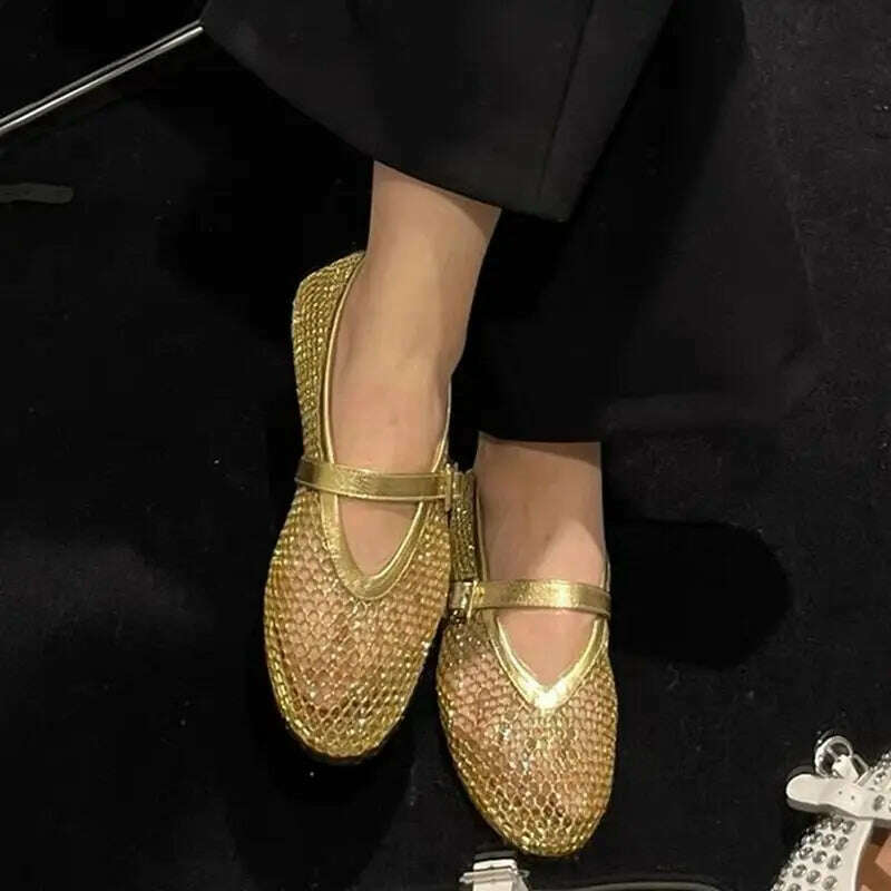 KIMLUD, Round head small fish mesh female new fashion simple flat belt buckle single shoes, 222 / 39, KIMLUD APPAREL - Womens Clothes