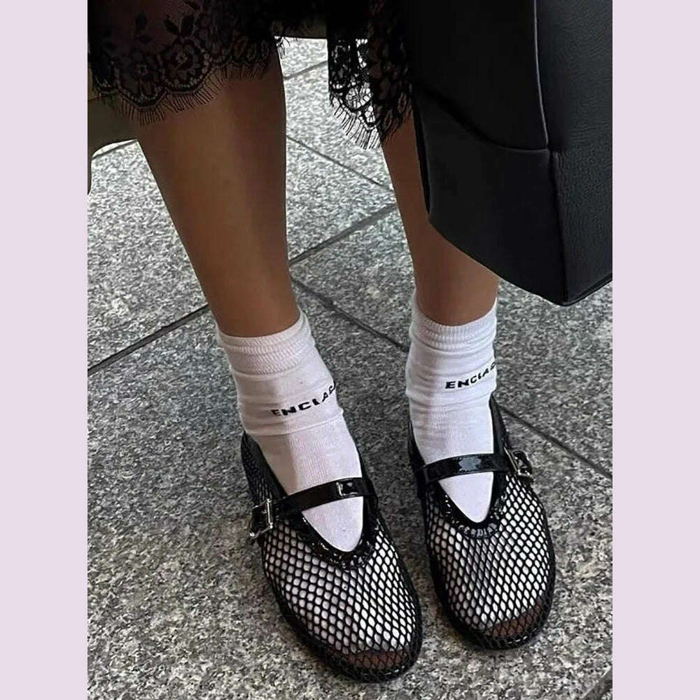 KIMLUD, Round head small fish mesh female new fashion simple flat belt buckle single shoes, KIMLUD Womens Clothes