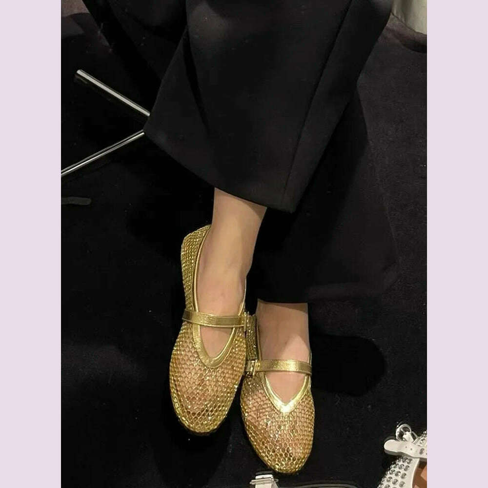 KIMLUD, Round head small fish mesh female new fashion simple flat belt buckle single shoes, KIMLUD Womens Clothes