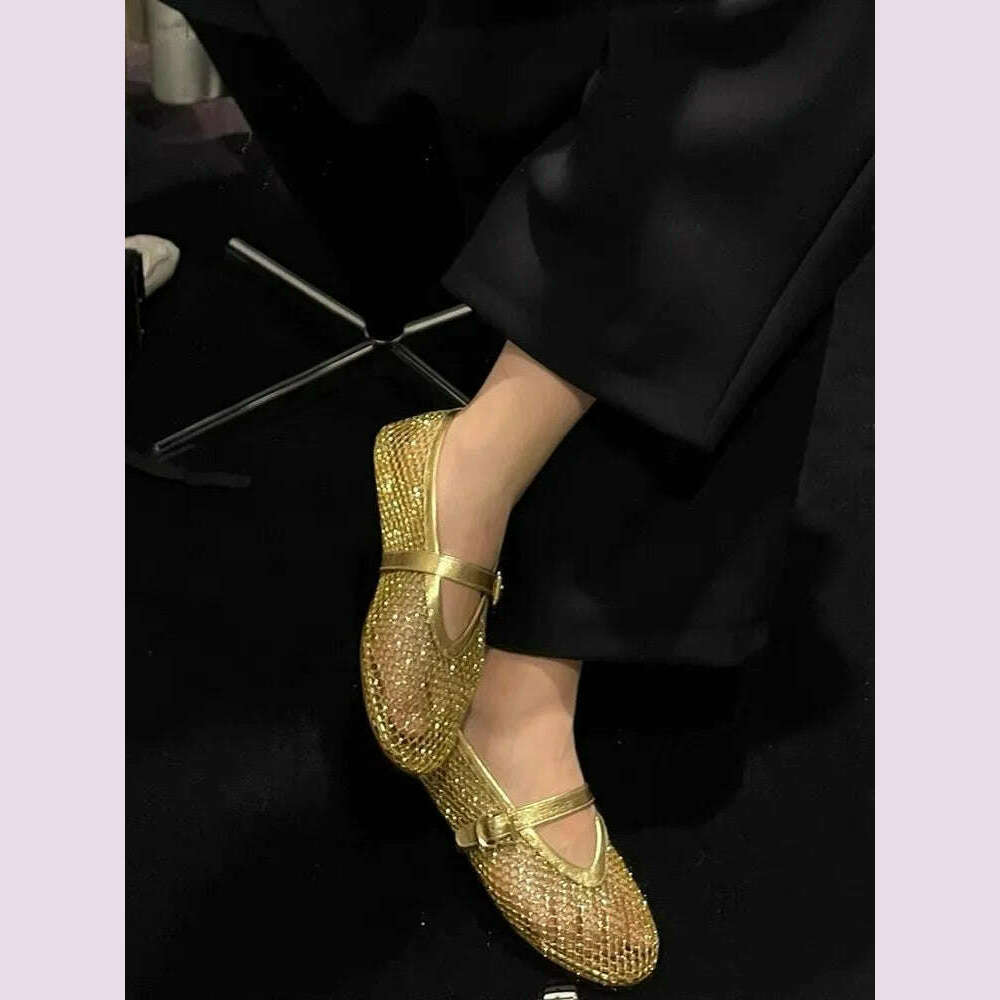 KIMLUD, Round head small fish mesh female new fashion simple flat belt buckle single shoes, KIMLUD Womens Clothes