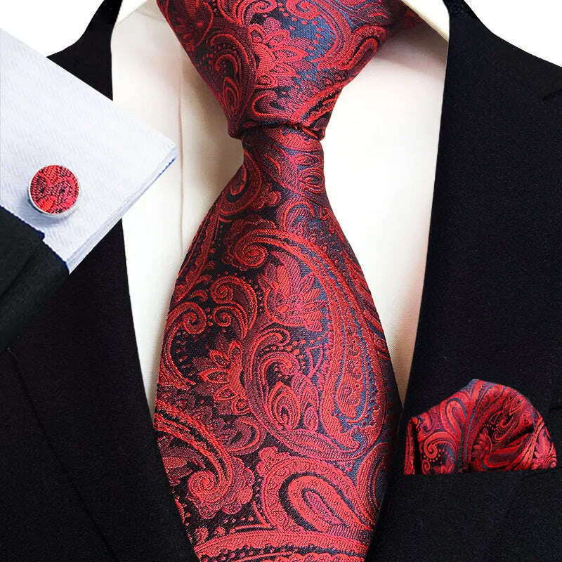 Royal Striped Paisley Ties For Men Luxury 8cm Necktie Pocket Square Cufflinks Gift Set Jacquard Weave Tie Suit Accessories - KIMLUD