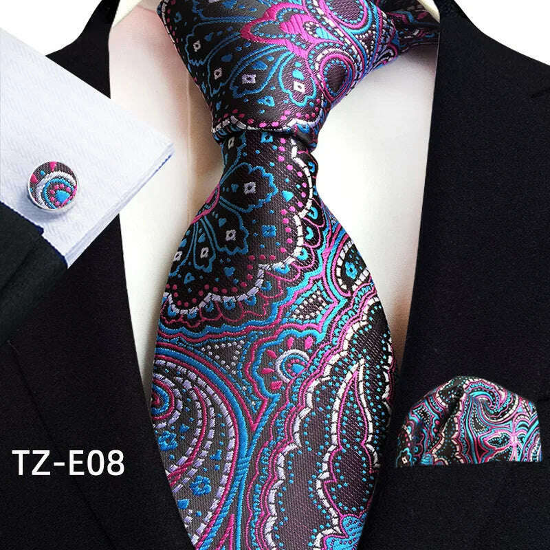 Royal Striped Paisley Ties For Men Luxury 8cm Necktie Pocket Square Cufflinks Gift Set Jacquard Weave Tie Suit Accessories - KIMLUD