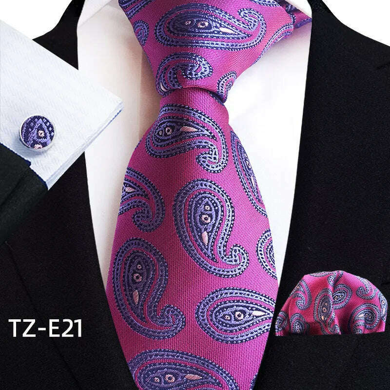 Royal Striped Paisley Ties For Men Luxury 8cm Necktie Pocket Square Cufflinks Gift Set Jacquard Weave Tie Suit Accessories - KIMLUD
