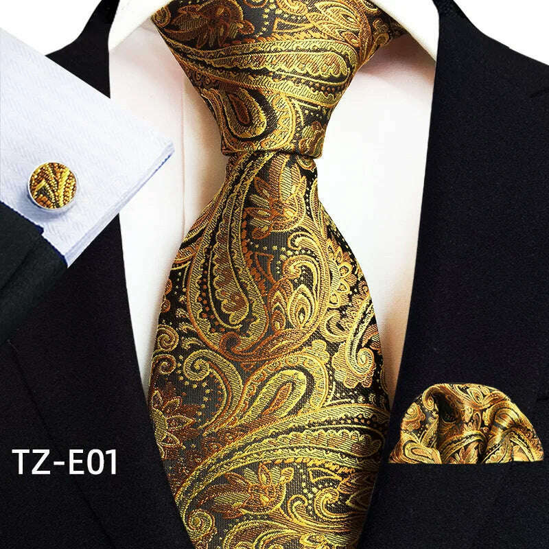 Royal Striped Paisley Ties For Men Luxury 8cm Necktie Pocket Square Cufflinks Gift Set Jacquard Weave Tie Suit Accessories - KIMLUD