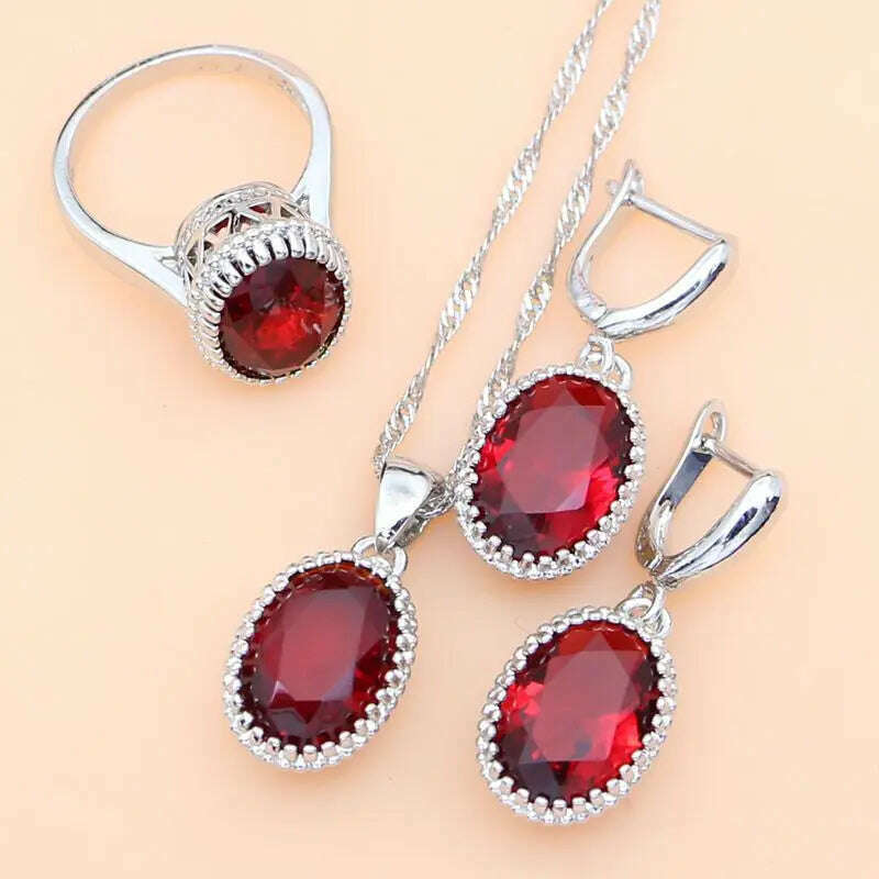 KIMLUD, Ruby Red 925 Silver Jewelry Set Birthstone Jewelry Women Earrings/Pendant/Necklace/Rings/Bracelet Festival Valentine's Day Gift, KIMLUD Womens Clothes