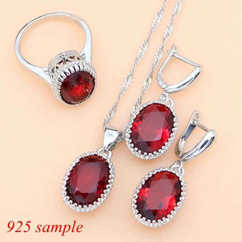 KIMLUD, Ruby Red 925 Silver Jewelry Set Birthstone Jewelry Women Earrings/Pendant/Necklace/Rings/Bracelet Festival Valentine's Day Gift, KIMLUD Womens Clothes