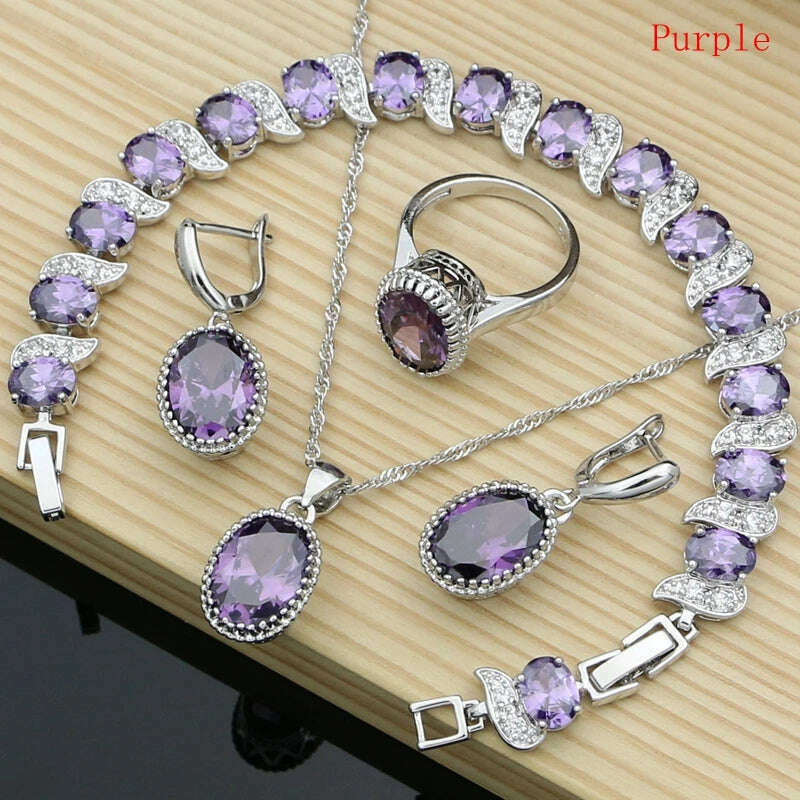 KIMLUD, Ruby Red 925 Silver Jewelry Set Birthstone Jewelry Women Earrings/Pendant/Necklace/Rings/Bracelet Festival Valentine's Day Gift, PURPLE / 5.5, KIMLUD APPAREL - Womens Clothes
