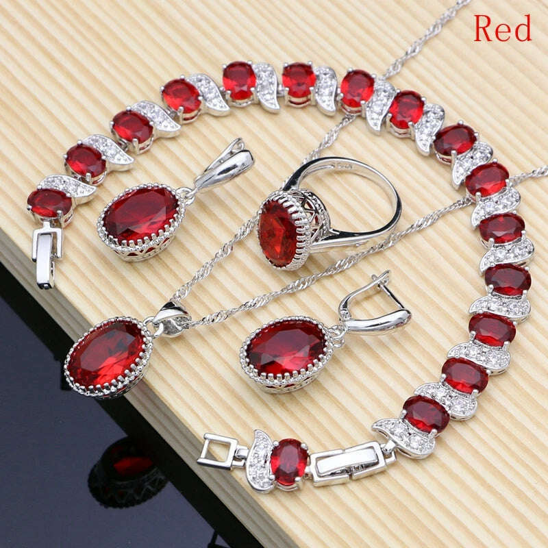 KIMLUD, Ruby Red 925 Silver Jewelry Set Birthstone Jewelry Women Earrings/Pendant/Necklace/Rings/Bracelet Festival Valentine's Day Gift, Red / 10, KIMLUD APPAREL - Womens Clothes