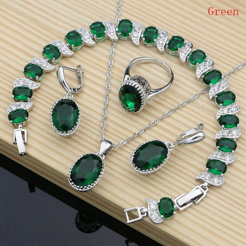 KIMLUD, Ruby Red 925 Silver Jewelry Set Birthstone Jewelry Women Earrings/Pendant/Necklace/Rings/Bracelet Festival Valentine's Day Gift, green / 8, KIMLUD APPAREL - Womens Clothes