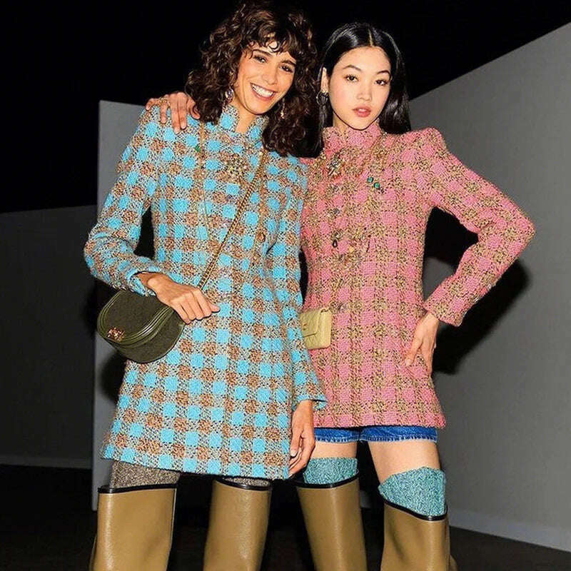 Runway Designer Female Wool Coat 2023 Elegant Vintage Single Breasted SLim Long Plaid Tweed Jacket Women's Jacket and Coat - KIMLUD