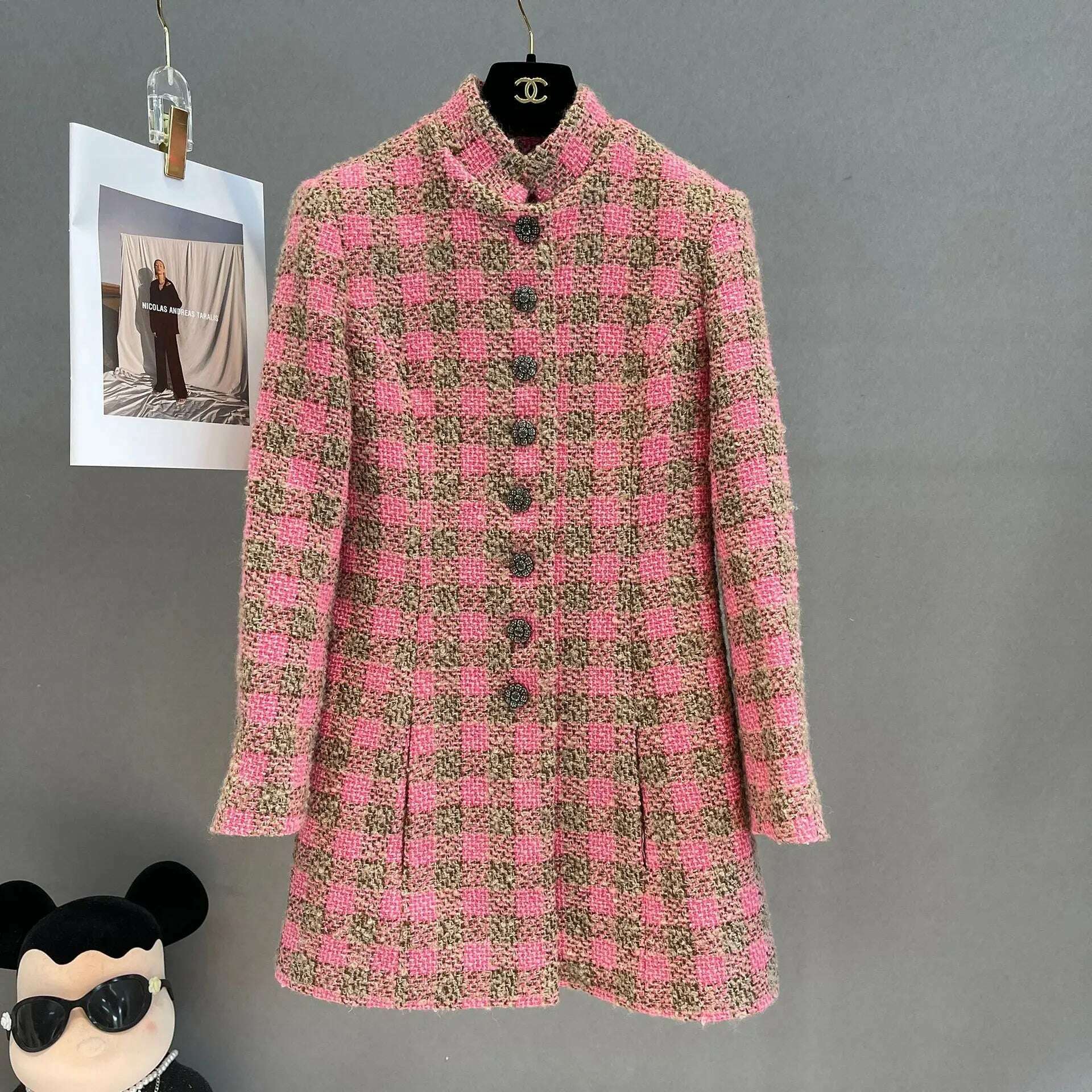 Runway Designer Female Wool Coat 2023 Elegant Vintage Single Breasted SLim Long Plaid Tweed Jacket Women's Jacket and Coat - KIMLUD