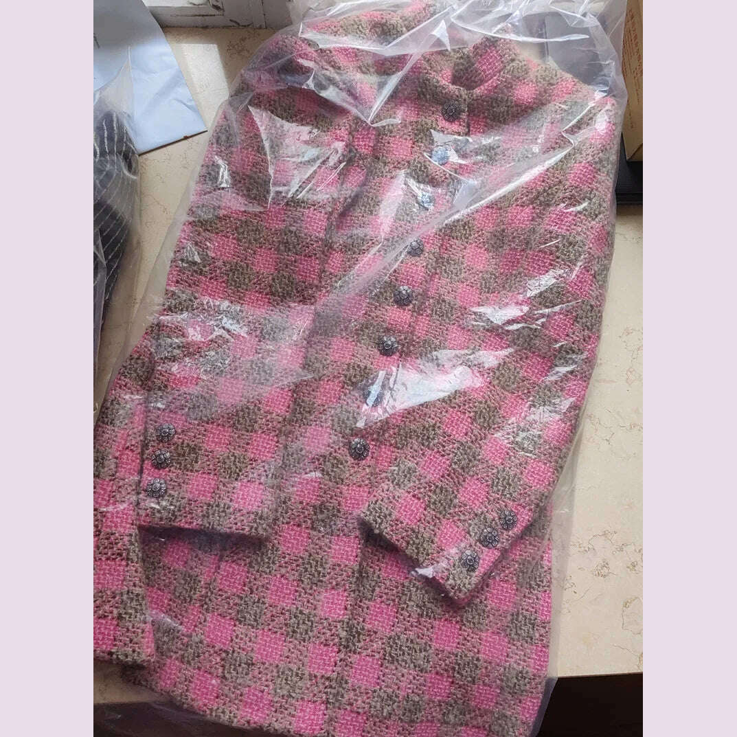 Runway Designer Female Wool Coat 2023 Elegant Vintage Single Breasted SLim Long Plaid Tweed Jacket Women's Jacket and Coat - KIMLUD