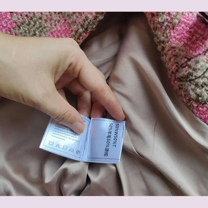 Runway Designer Female Wool Coat 2023 Elegant Vintage Single Breasted SLim Long Plaid Tweed Jacket Women's Jacket and Coat - KIMLUD