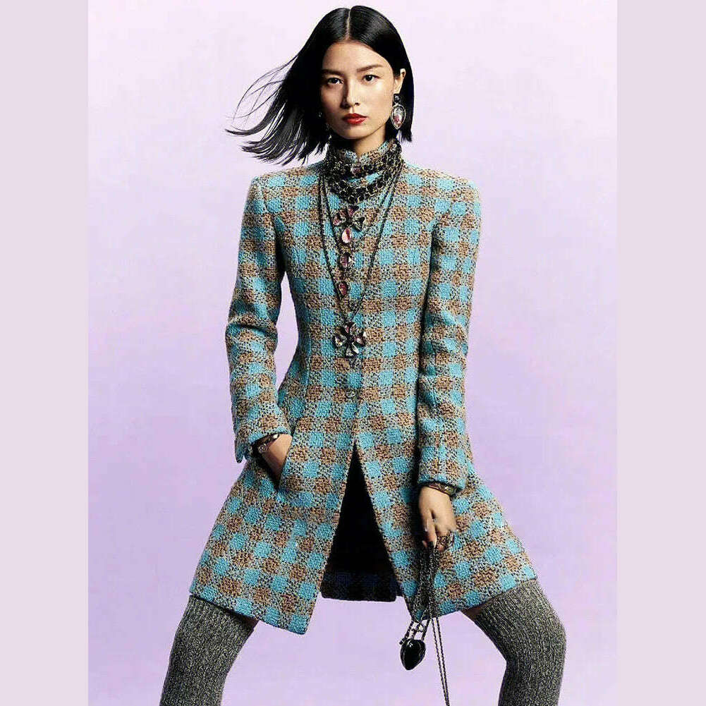 Runway Designer Female Wool Coat 2023 Elegant Vintage Single Breasted SLim Long Plaid Tweed Jacket Women's Jacket and Coat - KIMLUD