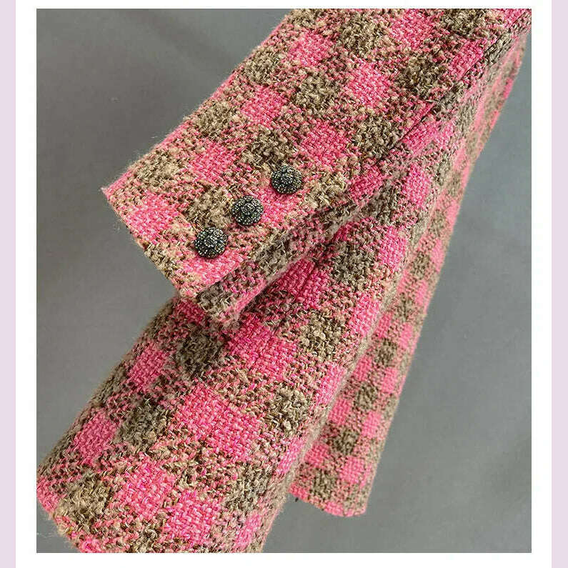 Runway Designer Female Wool Coat 2023 Elegant Vintage Single Breasted SLim Long Plaid Tweed Jacket Women's Jacket and Coat - KIMLUD