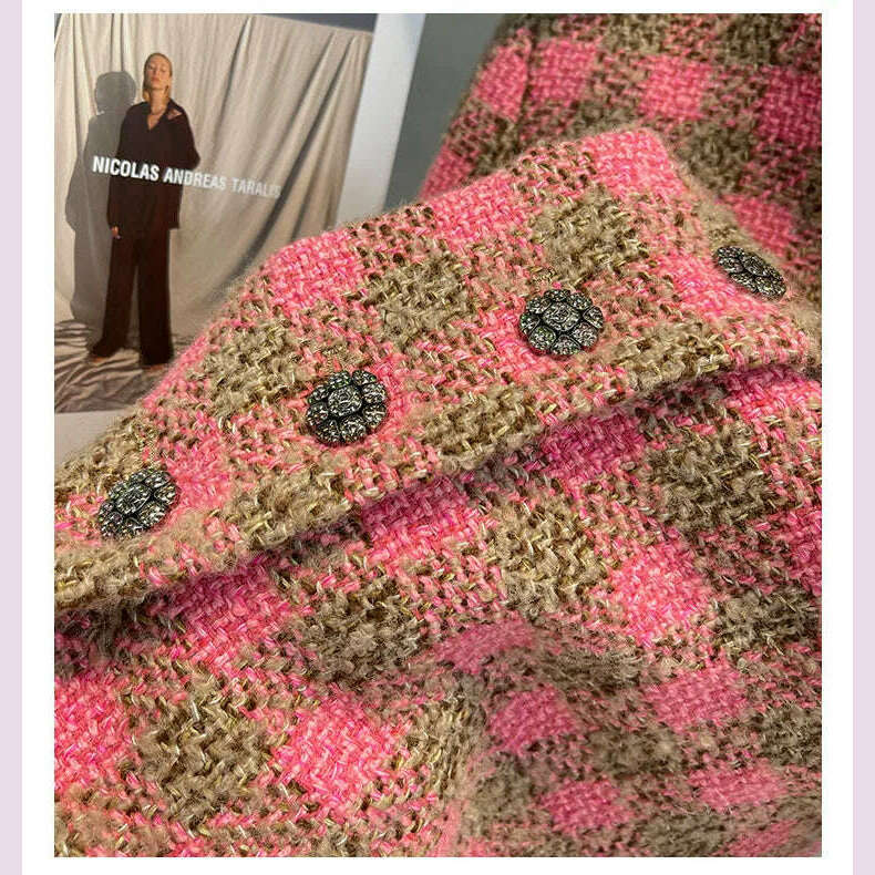 Runway Designer Female Wool Coat 2023 Elegant Vintage Single Breasted SLim Long Plaid Tweed Jacket Women's Jacket and Coat - KIMLUD