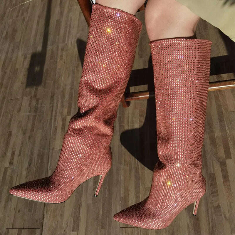 KIMLUD, Runway Stilettos Women Long Boots Shiny Rhinestone Knee-Length Boots Fashion Pointed Candy Colors Ladies Shoes Zapatos De Mujer, pink 9cm / 35, KIMLUD APPAREL - Womens Clothes