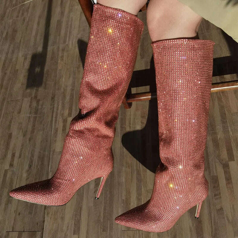 KIMLUD, Runway Stilettos Women Long Boots Shiny Rhinestone Knee-Length Boots Fashion Pointed Candy Colors Ladies Shoes Zapatos De Mujer, pink 9cm / 35, KIMLUD Womens Clothes
