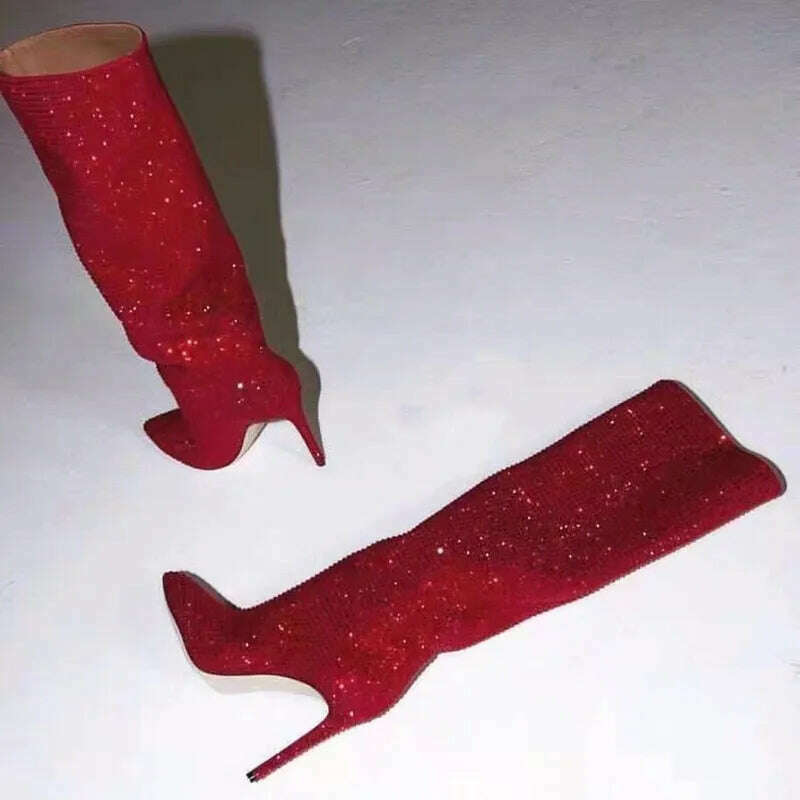 KIMLUD, Runway Stilettos Women Long Boots Shiny Rhinestone Knee-Length Boots Fashion Pointed Candy Colors Ladies Shoes Zapatos De Mujer, red 9cm / 35, KIMLUD APPAREL - Womens Clothes