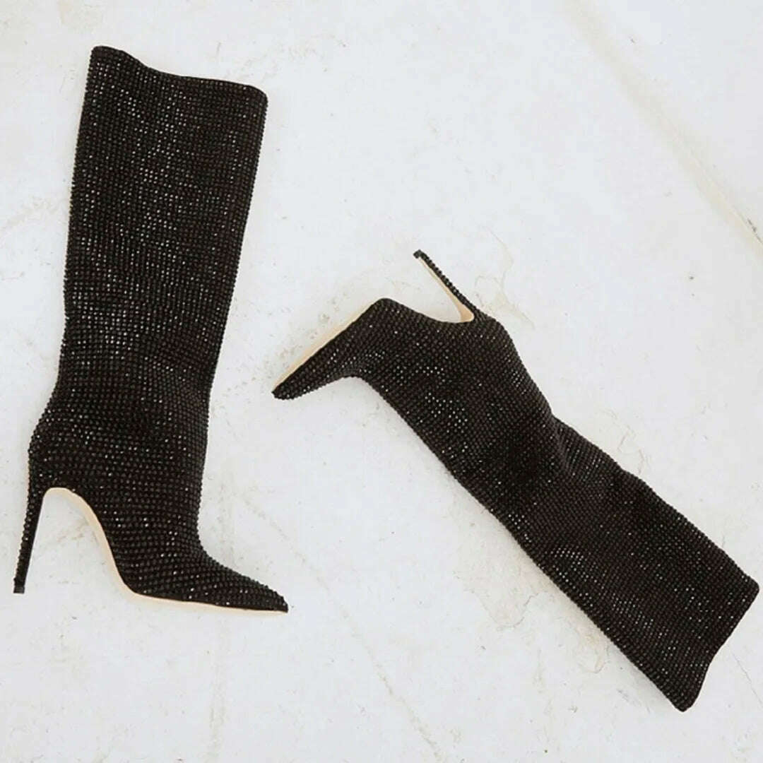 KIMLUD, Runway Stilettos Women Long Boots Shiny Rhinestone Knee-Length Boots Fashion Pointed Candy Colors Ladies Shoes Zapatos De Mujer, black 9cm / 35, KIMLUD APPAREL - Womens Clothes