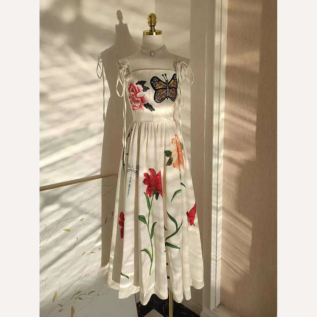 Runway Summer Embroidery Cotton Long Dress For Women Straps Beach Holiday Sundress Butterfly Fashion Elegant Midi Dresses Lady - KIMLUD