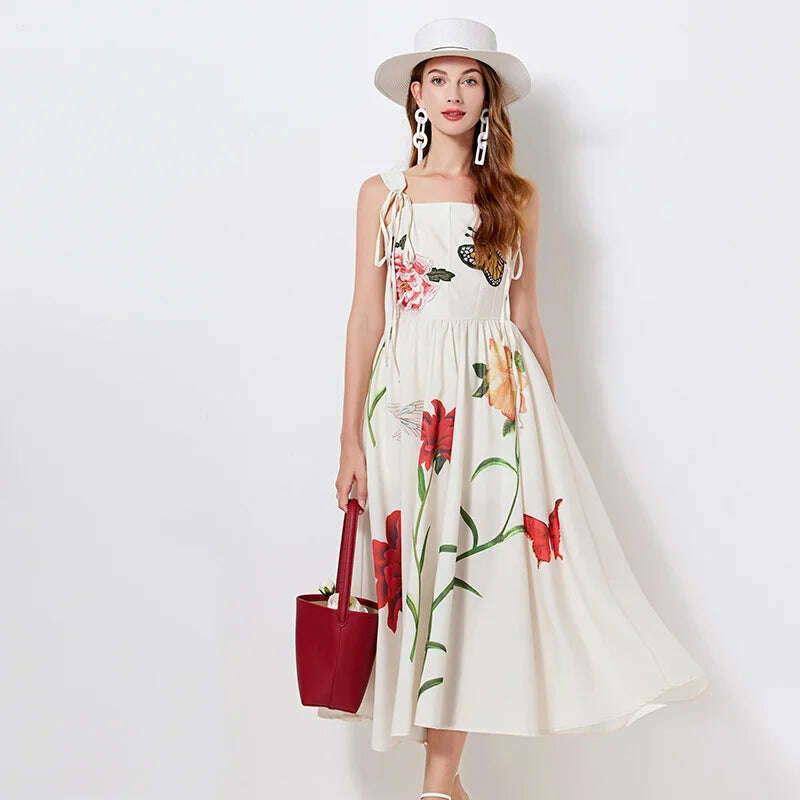 Runway Summer Embroidery Cotton Long Dress For Women Straps Beach Holiday Sundress Butterfly Fashion Elegant Midi Dresses Lady - KIMLUD
