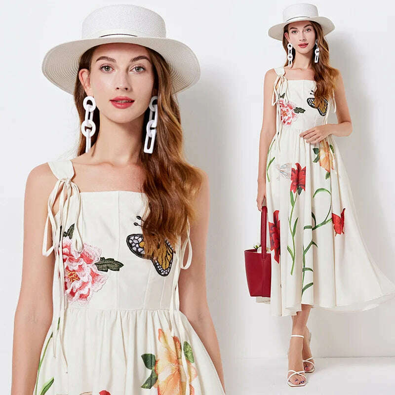 Runway Summer Embroidery Cotton Long Dress For Women Straps Beach Holiday Sundress Butterfly Fashion Elegant Midi Dresses Lady - KIMLUD