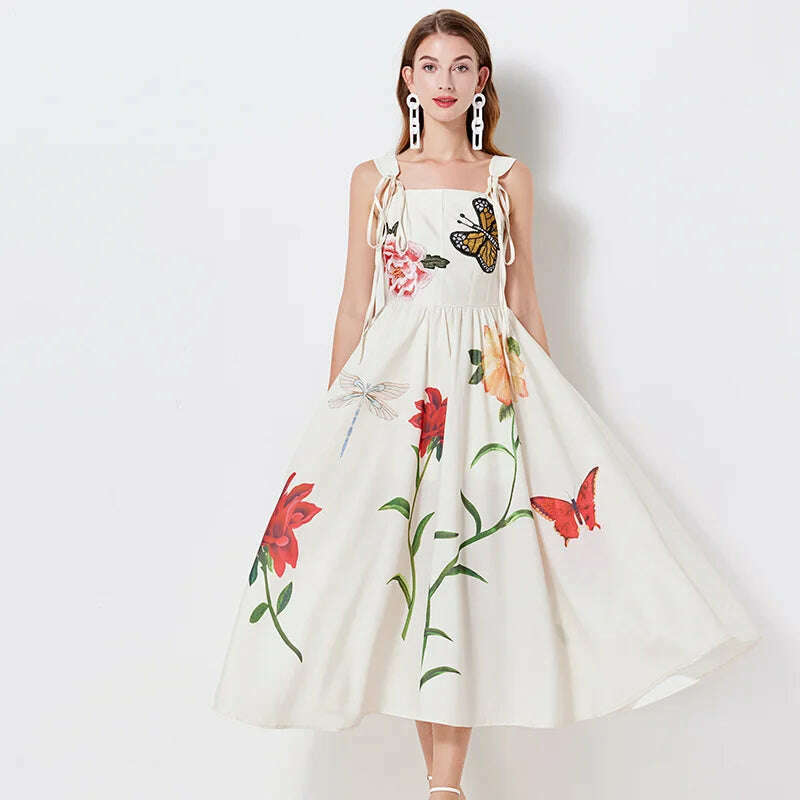 KIMLUD, Runway Summer Embroidery Cotton Long Dress For Women Straps Beach Holiday Sundress Butterfly Fashion Elegant Midi Dresses Lady, beige / S, KIMLUD Womens Clothes