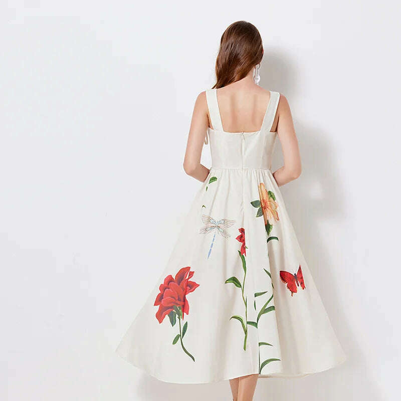Runway Summer Embroidery Cotton Long Dress For Women Straps Beach Holiday Sundress Butterfly Fashion Elegant Midi Dresses Lady - KIMLUD