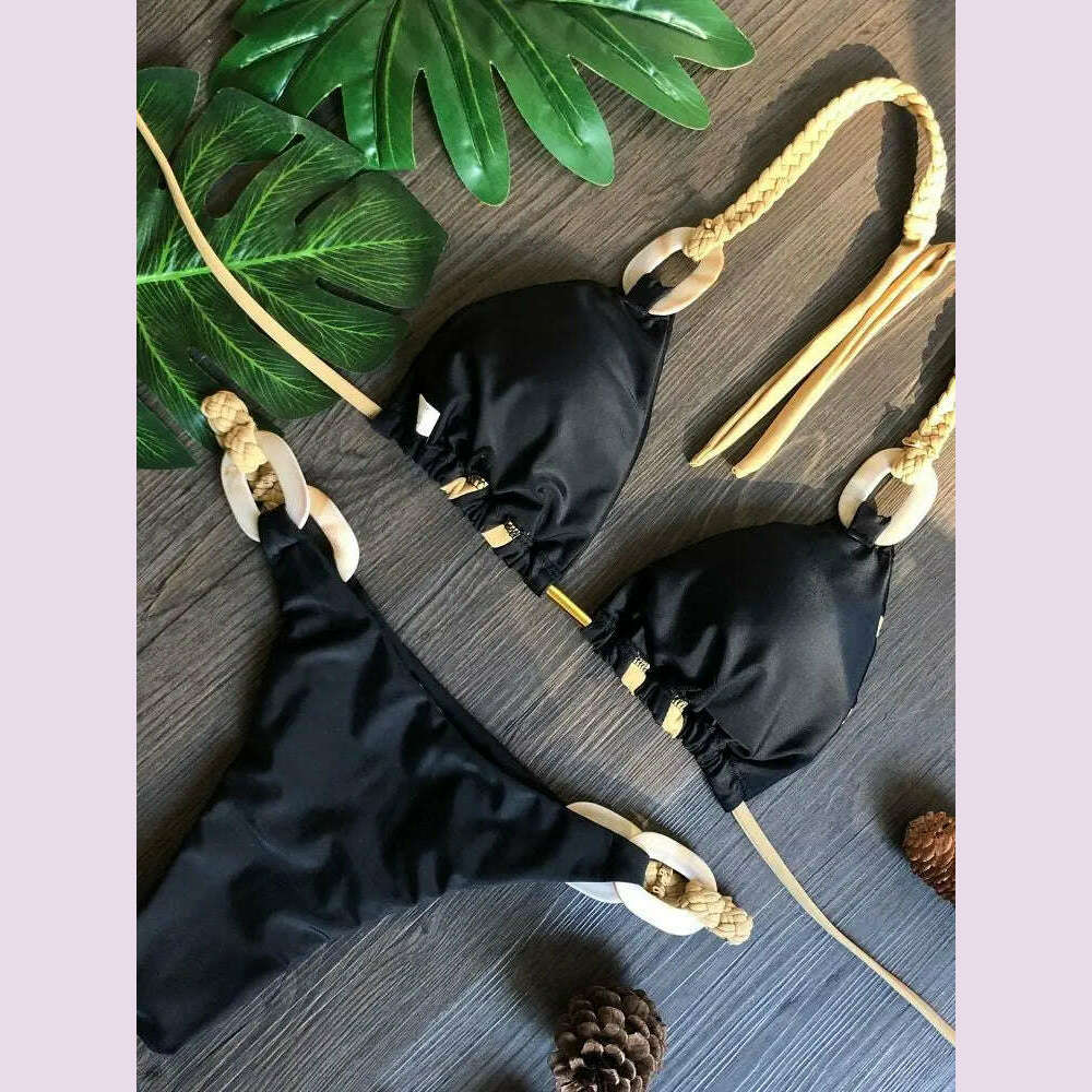 KIMLUD, RUOTONGSEPT Black Bandeau Bikini Set Swimwear Women Push Up Biquini Sexy Thong Bikinis Patchwork Swimsuit Backless Bathingsuit, KIMLUD Womens Clothes