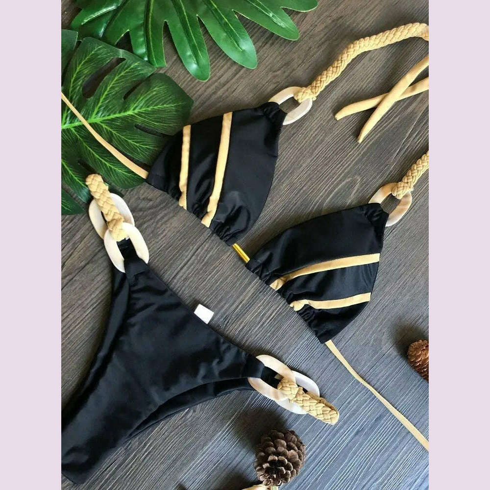 KIMLUD, RUOTONGSEPT Black Bandeau Bikini Set Swimwear Women Push Up Biquini Sexy Thong Bikinis Patchwork Swimsuit Backless Bathingsuit, KIMLUD Womens Clothes