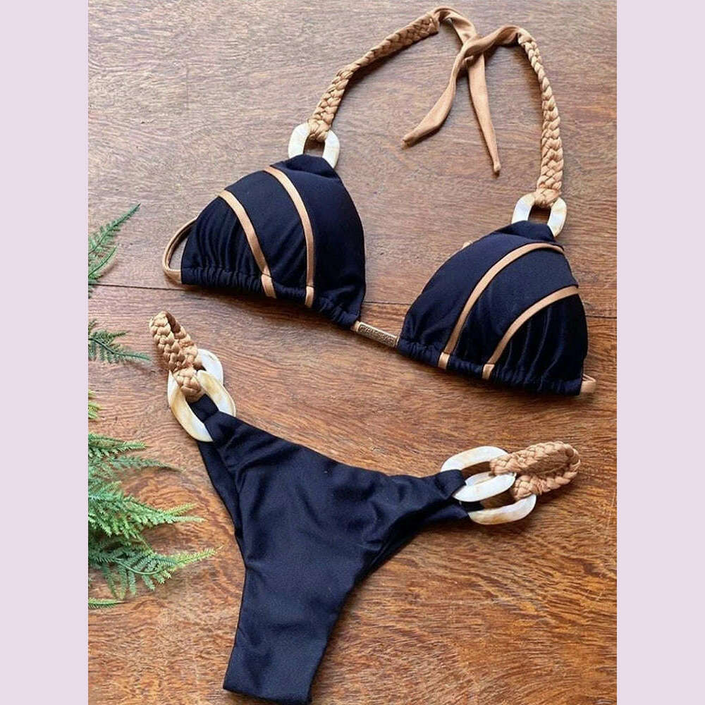 KIMLUD, RUOTONGSEPT Black Bandeau Bikini Set Swimwear Women Push Up Biquini Sexy Thong Bikinis Patchwork Swimsuit Backless Bathingsuit, Dark blue / M, KIMLUD APPAREL - Womens Clothes