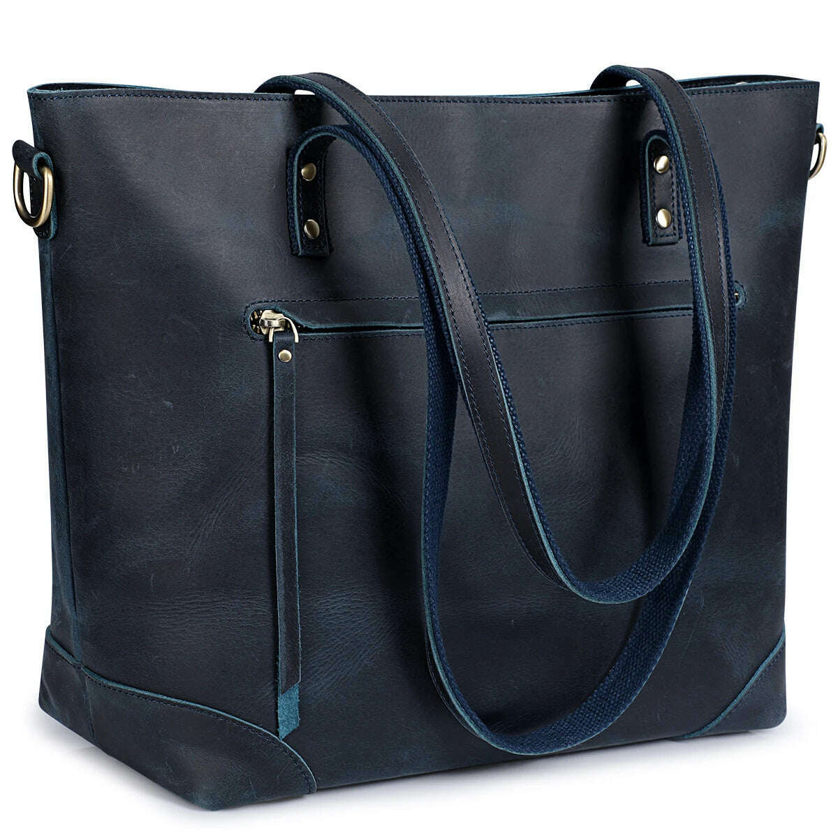 KIMLUD, S-ZONE Vintage Genuine Leather Shoulder Bag Work Totes for Women Purse Handbag with Back Zipper Pocket Large, Dark Blue / China, KIMLUD APPAREL - Womens Clothes