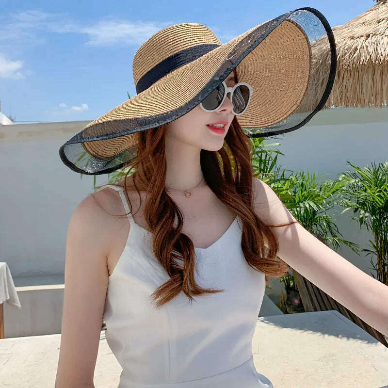 KIMLUD, S09 Straw hat Summer New Style Black Mesh Female Summer Sunscreen Cover Seaside Vacation Holiday Foldable Beach Hat Sun Visor, KIMLUD Womens Clothes