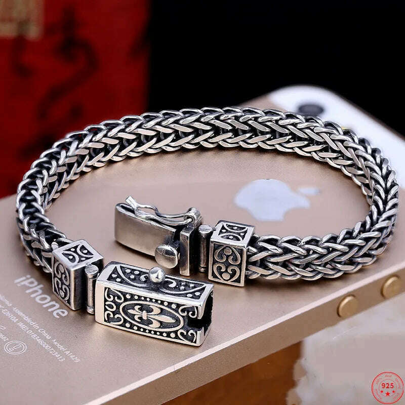 KIMLUD, S925 Sterling Silver Charm Bracelets 2023 Popular Retro Totem Double Row Woven-Chain Pure Argentum Amulet Jewelry for Men Bangle, 18cm, KIMLUD Womens Clothes
