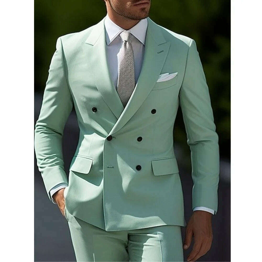KIMLUD, Sage Green Men's Wedding Suits Solid Color 2 Piece Daily Plus Size Double Breasted Six-buttons Formal Business Suits, KIMLUD Womens Clothes
