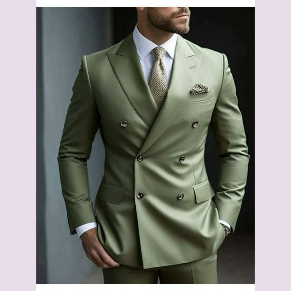 KIMLUD, Sage Green Men's Wedding Suits Solid Color 2 Piece Daily Plus Size Double Breasted Six-buttons Formal Business Suits, KIMLUD Womens Clothes