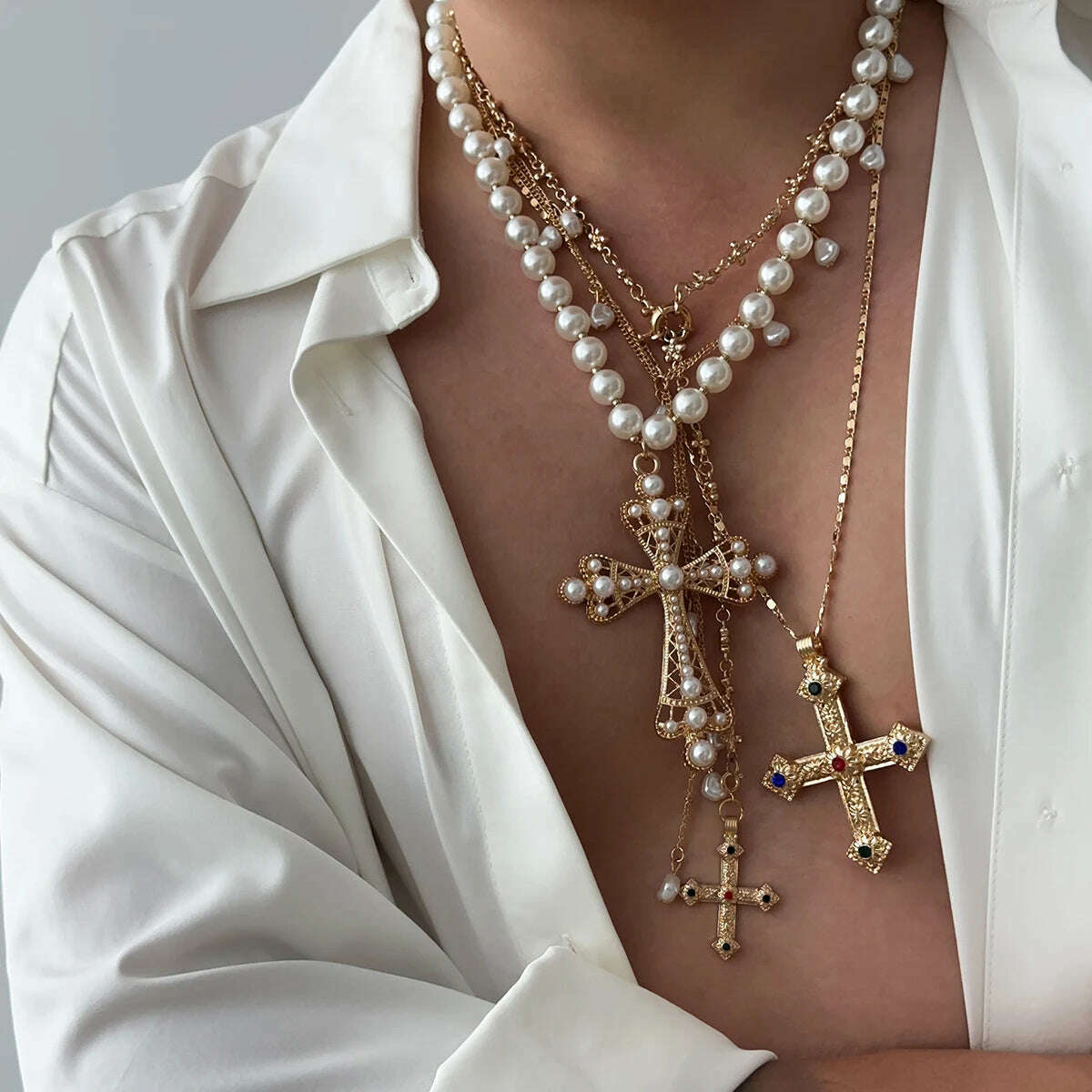 KIMLUD, Salircon 4pcs/set Aesthetic Design Jesus Cross Pendant Necklace Men Vintage Luxury Imitation Pearl Chain Choker Punk Jewelry, KIMLUD Womens Clothes