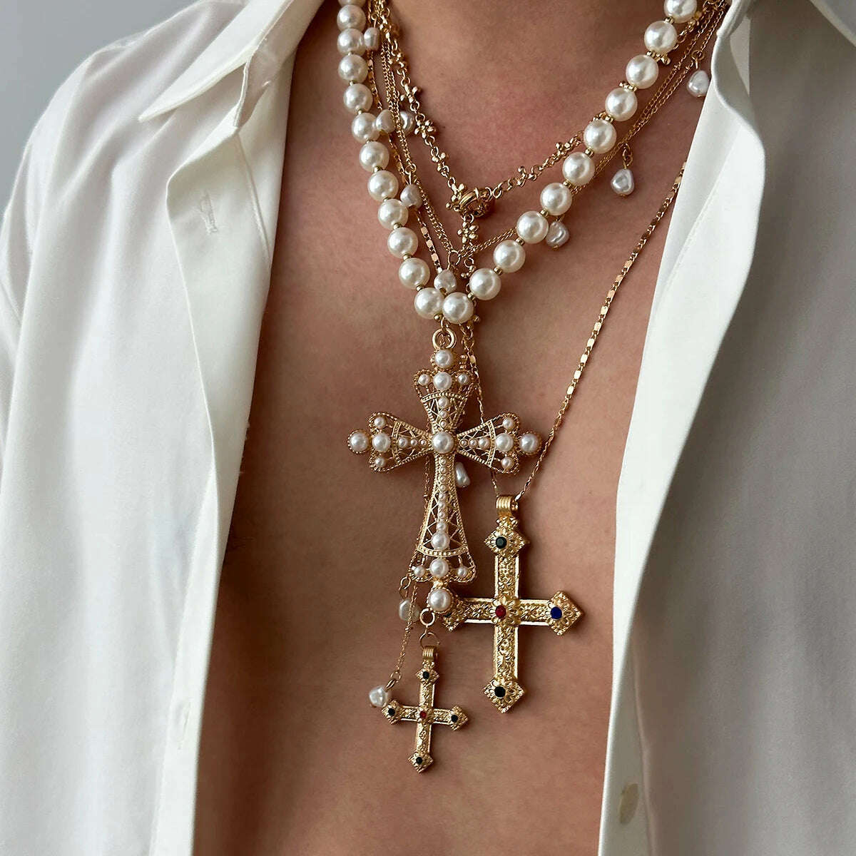 KIMLUD, Salircon 4pcs/set Aesthetic Design Jesus Cross Pendant Necklace Men Vintage Luxury Imitation Pearl Chain Choker Punk Jewelry, KIMLUD Womens Clothes