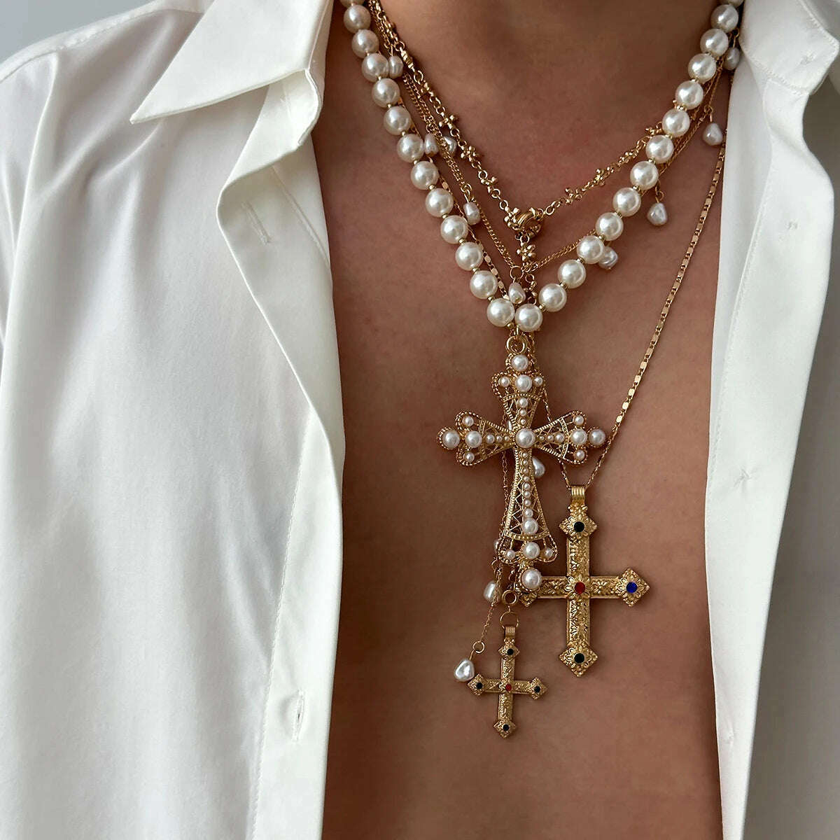 KIMLUD, Salircon 4pcs/set Aesthetic Design Jesus Cross Pendant Necklace Men Vintage Luxury Imitation Pearl Chain Choker Punk Jewelry, KIMLUD Womens Clothes