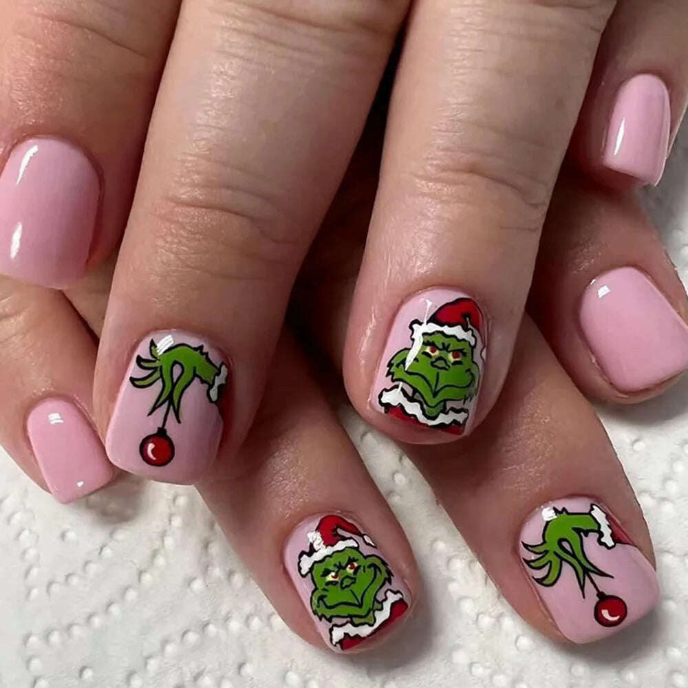 KIMLUD, Santa Claus Fake Nail Tips Short Round Xmas Ins Christmas Pattern False Nails Patch Wearable Full Cover Merry Christmas Gifts, KIMLUD Womens Clothes